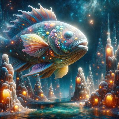 Primary subject: A colorful fish with a long tail and a mouth full of teeth.

Setting/background: The fish is swimming in a dark, starry night sky, surrounded by a series of tall, colorful towers.

Visual style: The image is a digital art piece, featuring a vibrant and imaginative design.

Colors and mood: The image is predominantly blue and purple, creating a serene and dreamy atmosphere.